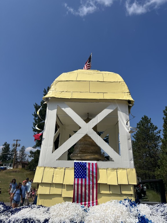 This amazing replica of the Cayuse bell tower was created by Nurse Mandy, Mrs. Carey, Mrs. Larsen, Mandy, Rook, Jackson, Bergen, Raylee, and Mayayla!
